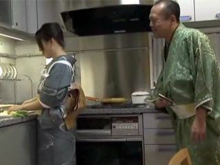 While failing to keep her hands off her son's cock, a hungry wife drives her father-in-law wild with desire in the kitchen during lunchtime