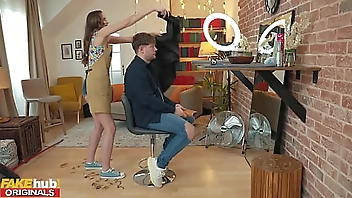 FAKEhub - Natural boob brunette trainee working in hair dressers tries cutting clients hair herself