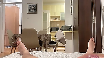 He is jerking off a while his stepsister is showing outfits, she helped him to cum.