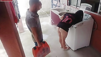 Married housewife pays washing machine technician with her ass while cuckold is away