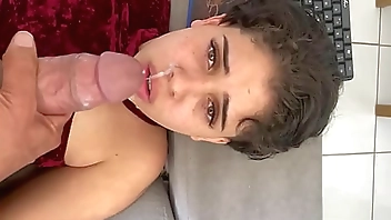 young girl taking cum from a big man